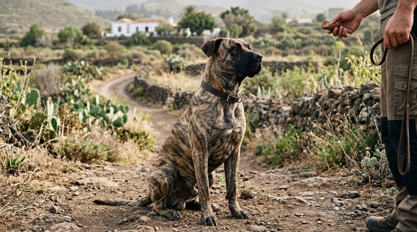Perro de Presa Canario bardino atento durante una sesión de adiestramiento con su guía